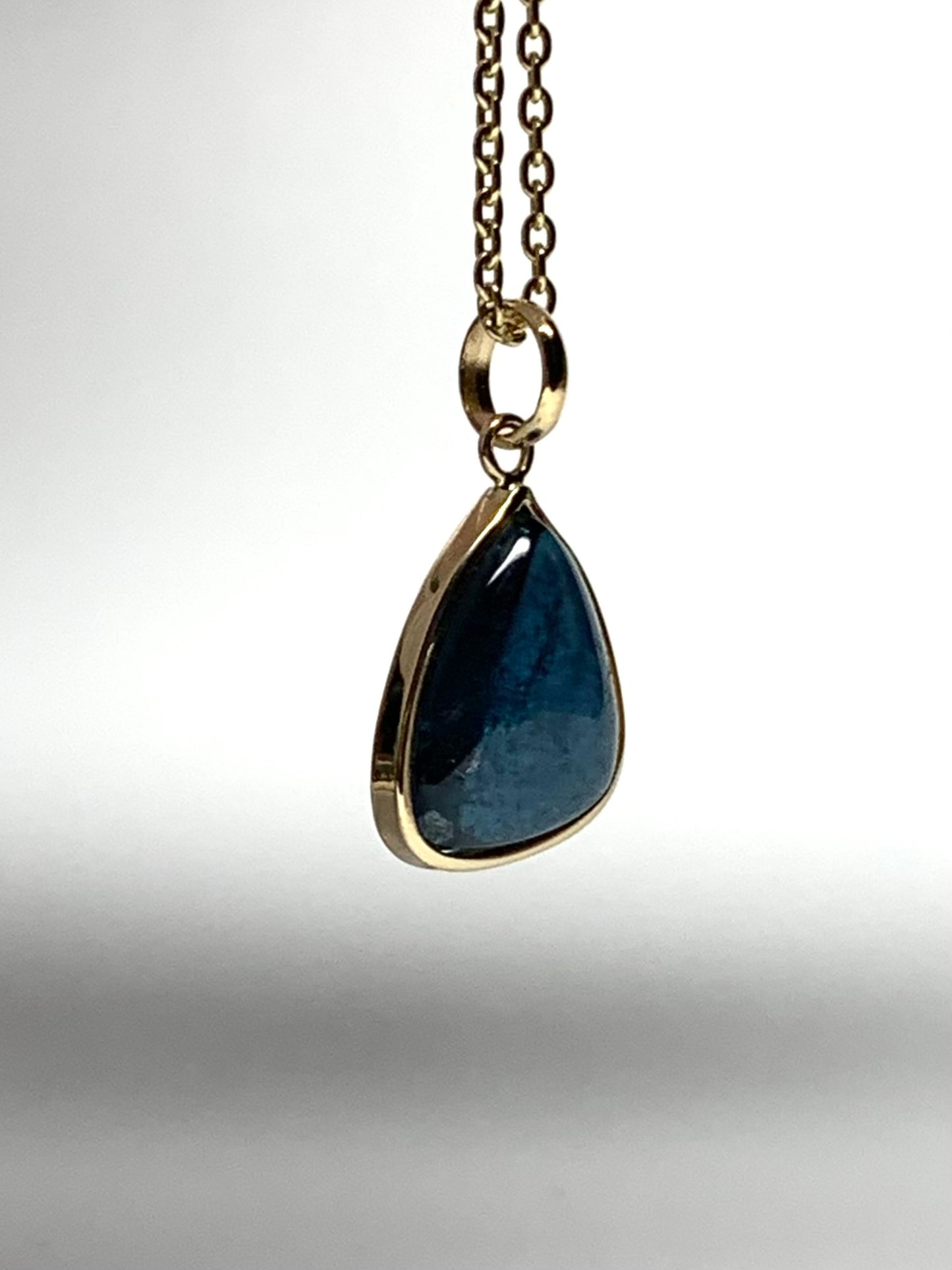 14k Solid Yellow Gold, Natural Blue Tourmaline Cabochon Pendant
