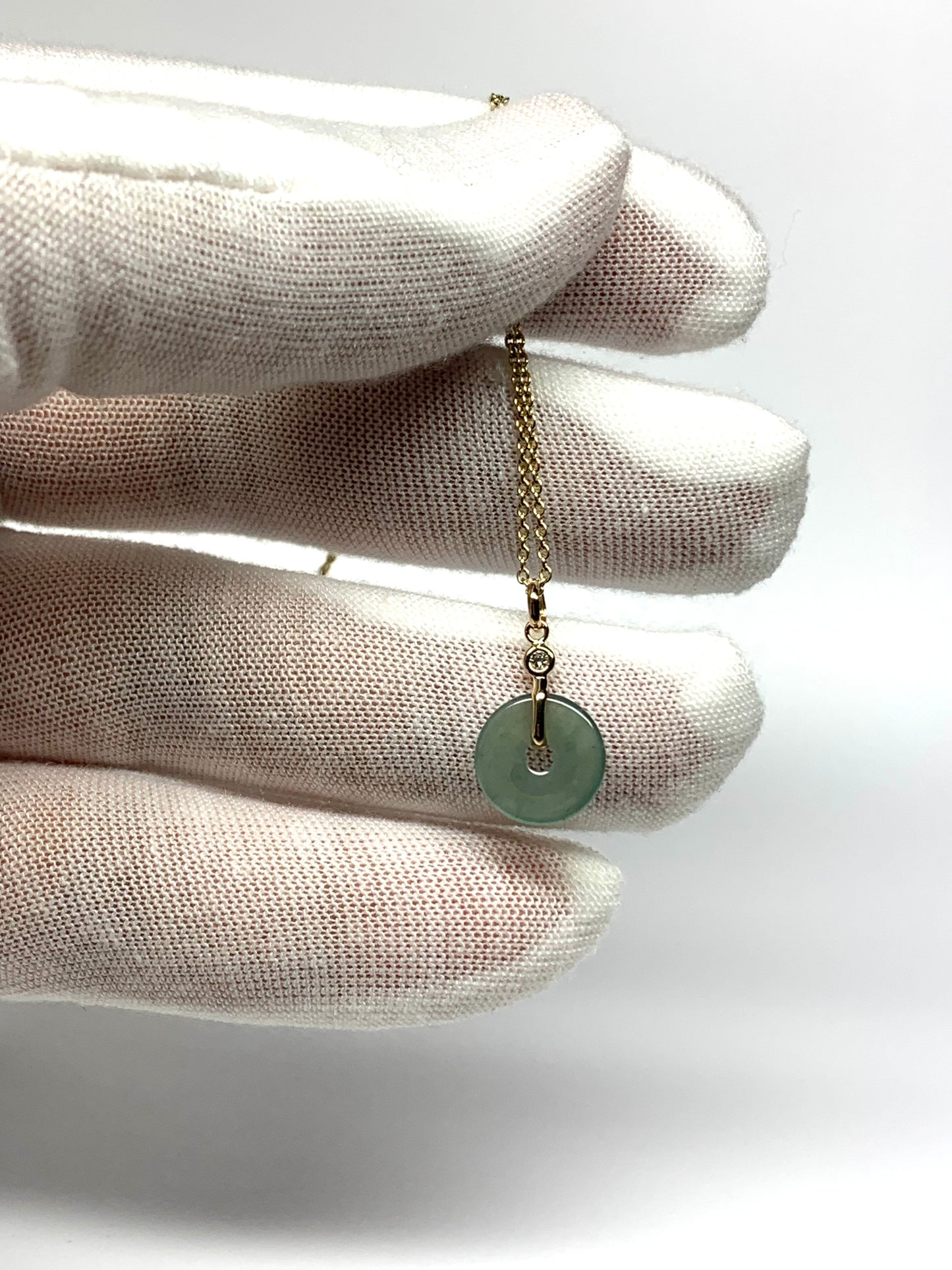 14k Solid Yellow Gold, White Diamond, Pale Green Jade “Donut” Pendant, Tiny Size