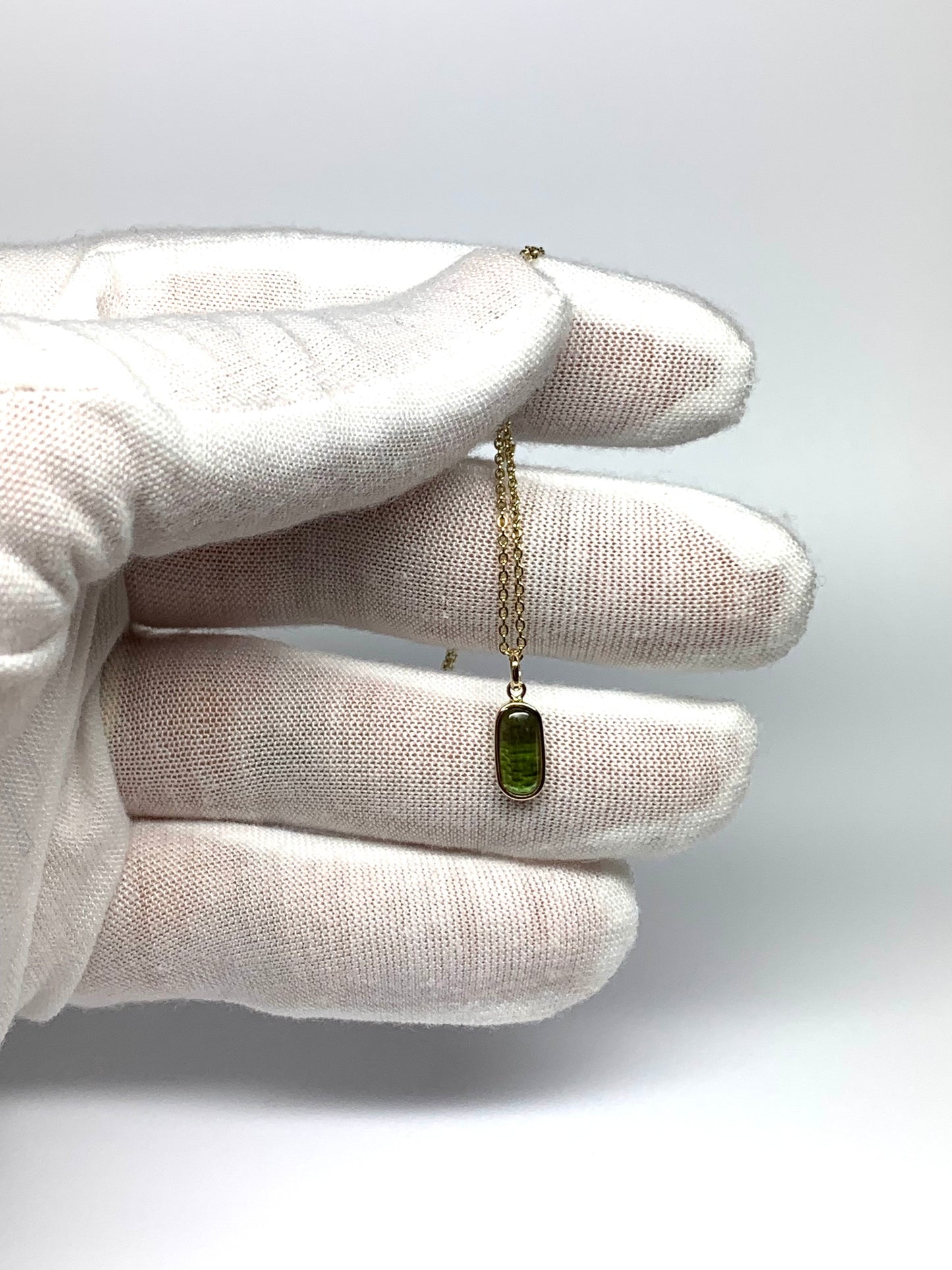 14k Solid Yellow Gold, Natural Green Tourmaline Cabochon Tiny Pendant