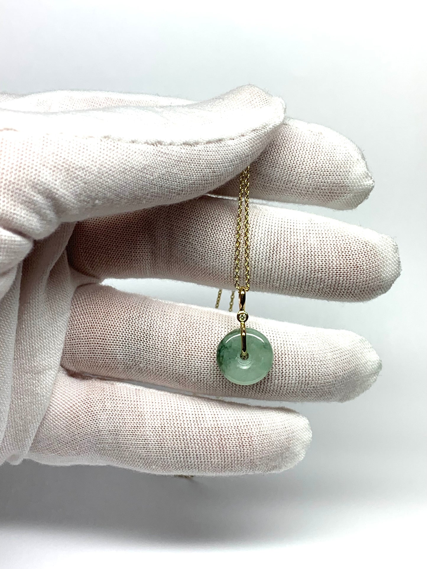 14k Solid Yellow Gold, White Diamond, Pale Green Jade “Donut” Pendant, Mini Size
