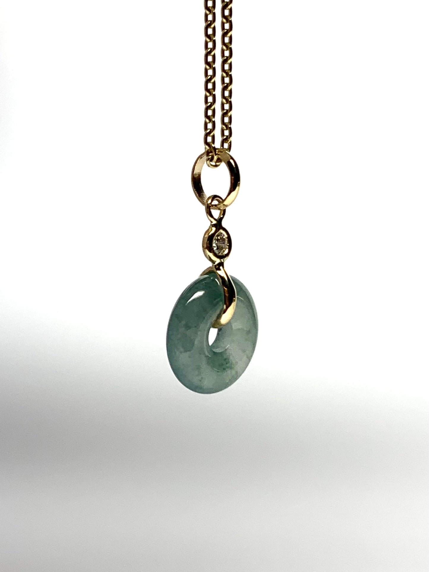 14k Solid Yellow Gold, White Diamond, Pale Green Jade “Donut” Pendant, Tiny Size