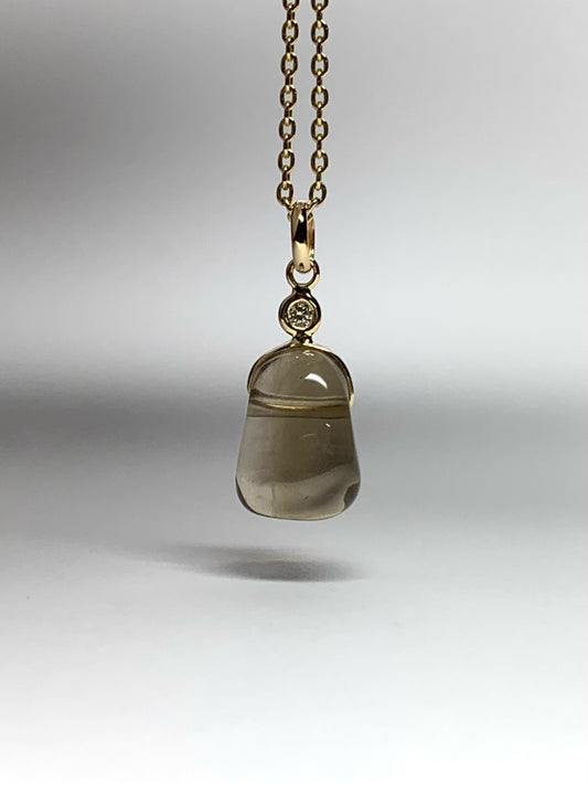 14k Solid Yellow Gold, Diamond, Smoky Quartz Tumbled Nugget Bead Pendant, Mini Size