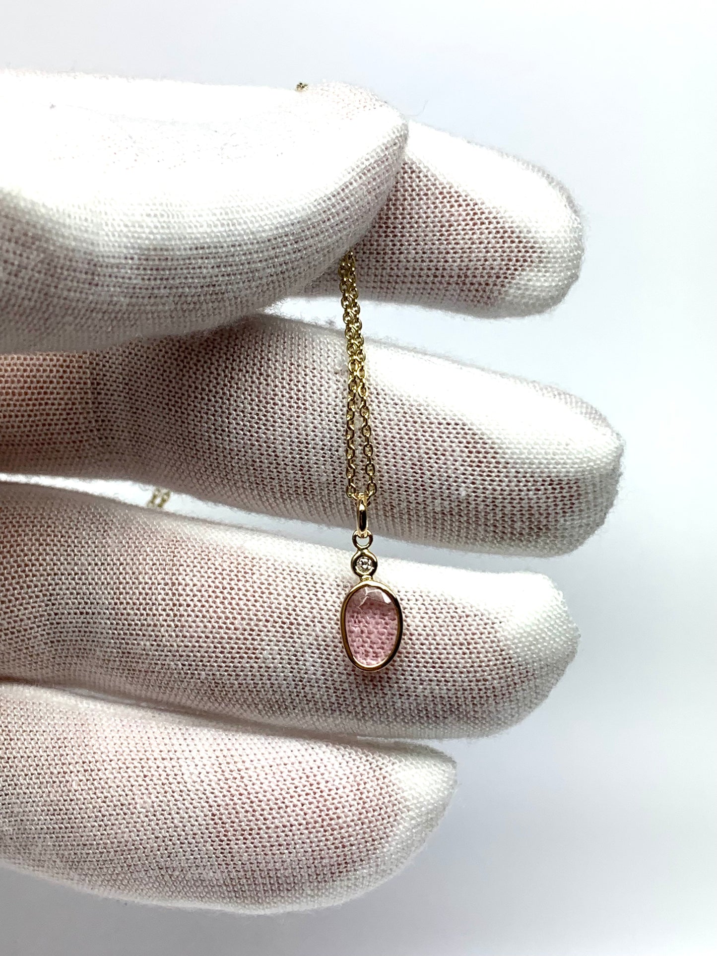 14k Solid Yellow Gold, White Diamond, Pink Tourmaline Tiny Pendant