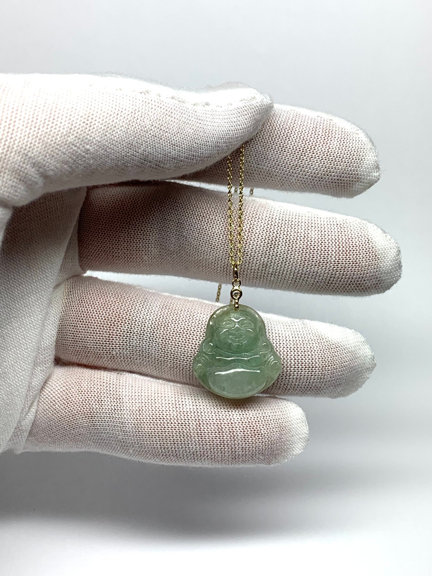 14K Solid Yellow Gold, Diamond, Pale Green Jade “Buddha” Pendant
