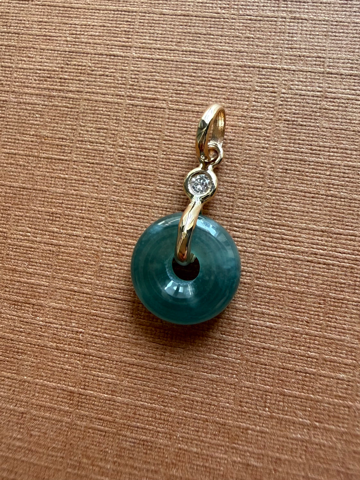 14k Solid Yellow Gold, White Diamond, Green Jade “Donut” Pendant, Tiny Size