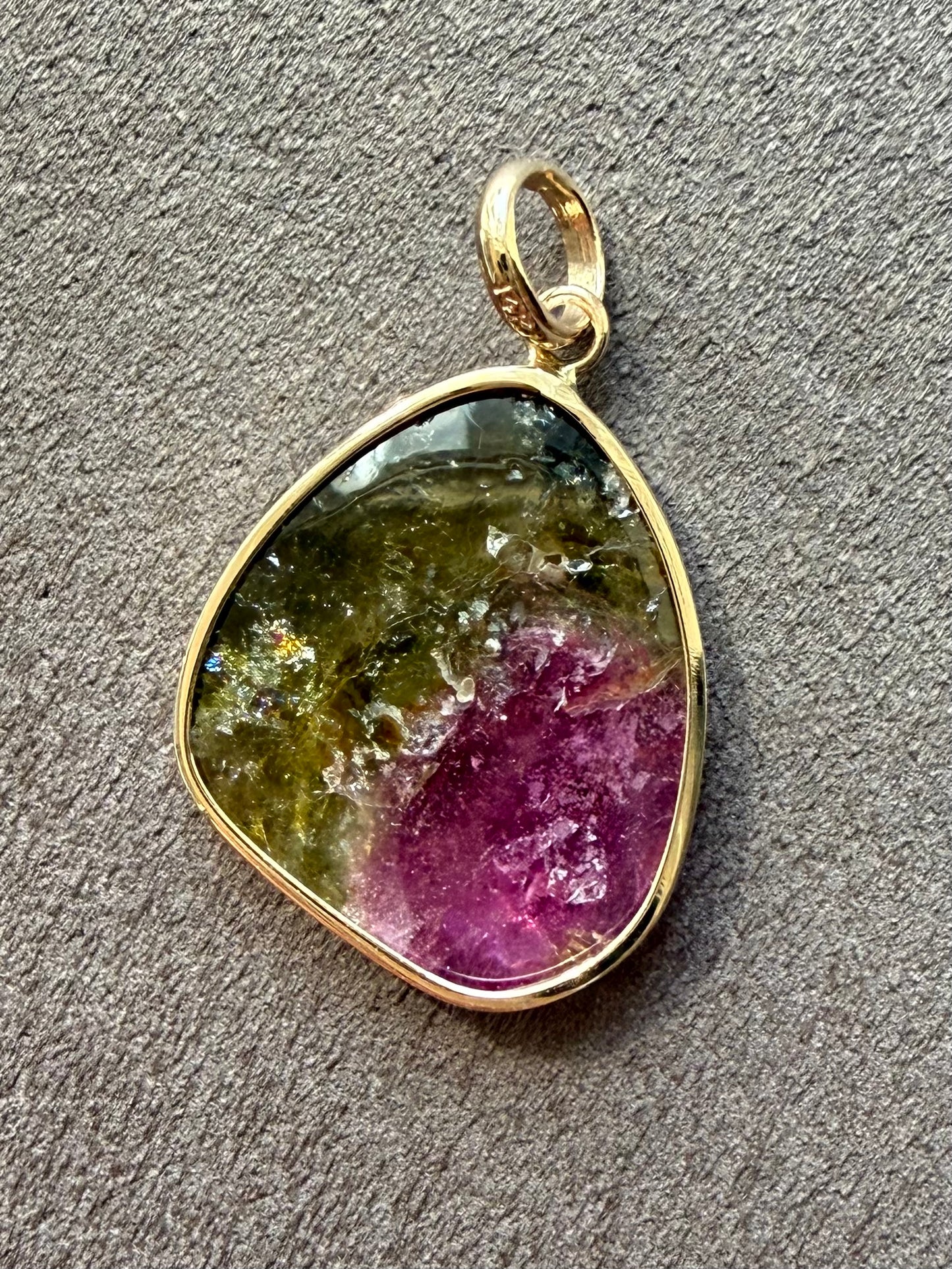 14k Solid Yellow Gold, Natural Pink Green Tourmaline Pendant