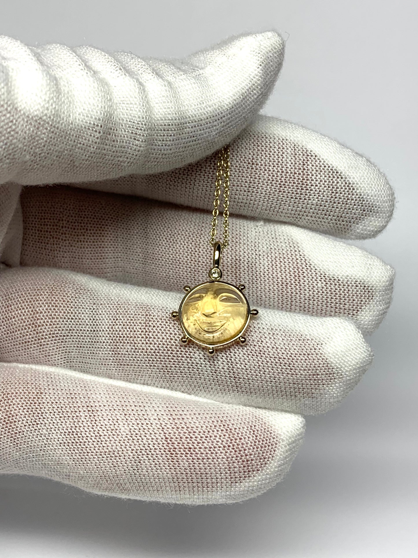 14k Solid Yellow Gold, White Diamond, Yellow Citrine “Sun” Pendant, Small Size