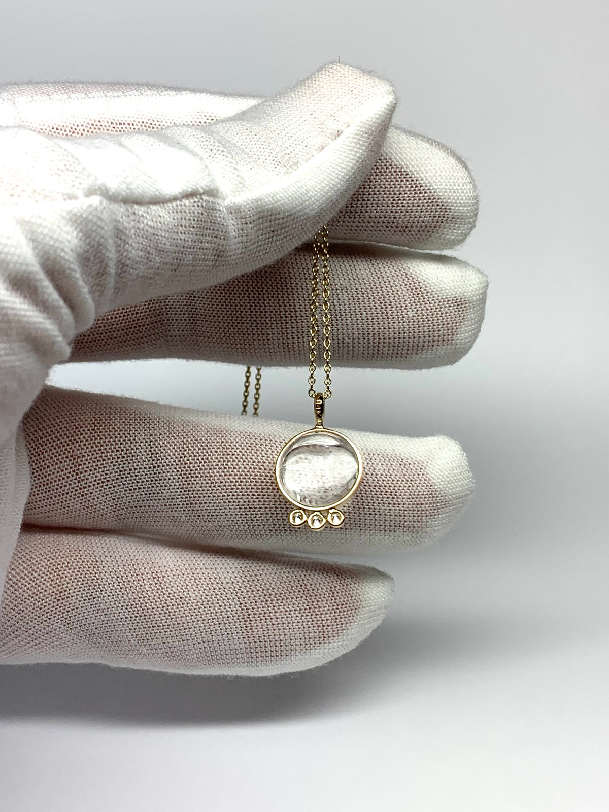 14k Solid Yellow Gold, Clear Quartz, White Diamonds “Moon and Stars” Pendant, Carved Face, Small Size