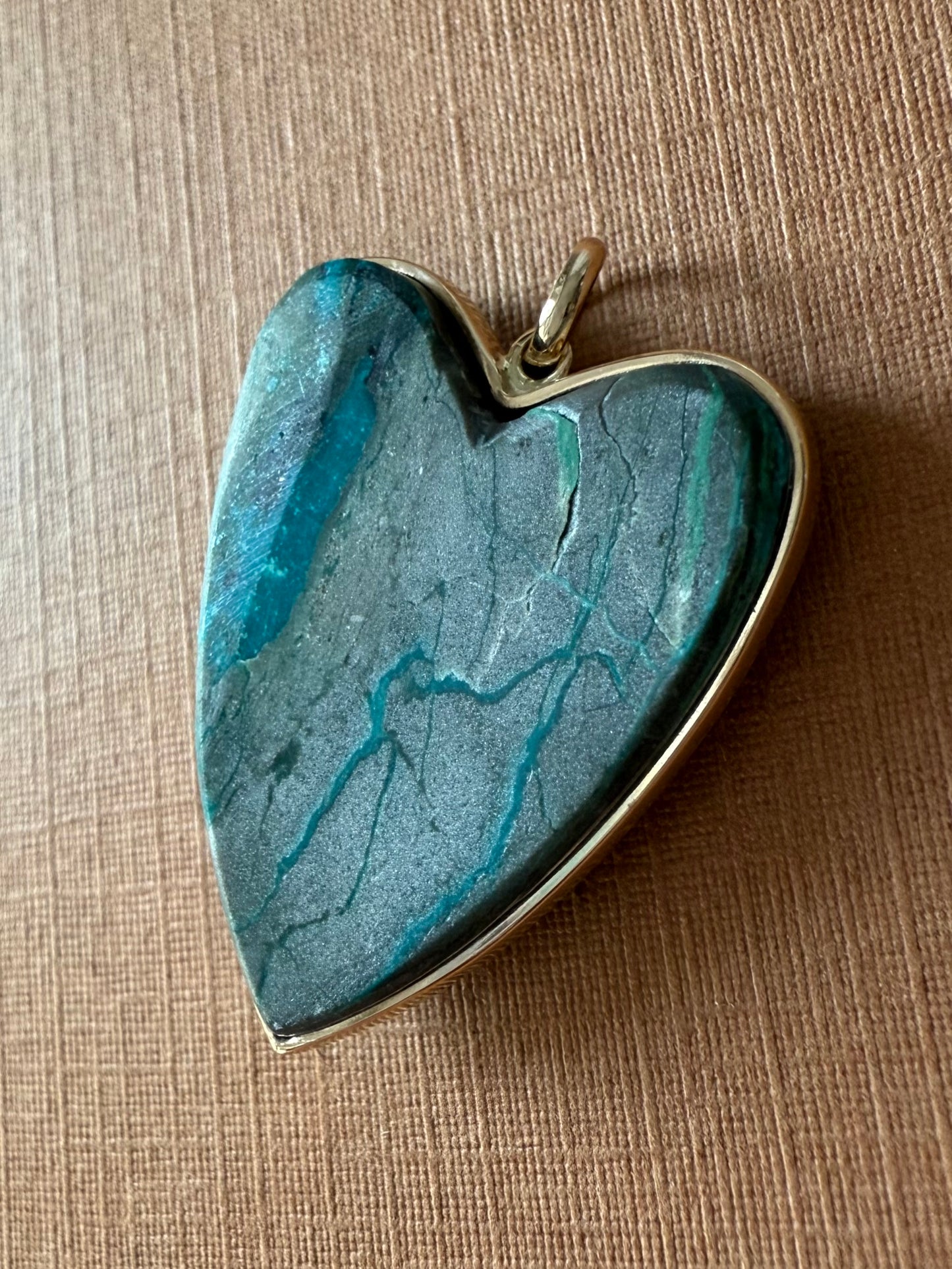 14k Solid Yellow Gold, Blue Chrysocolla “Heart” Pendant