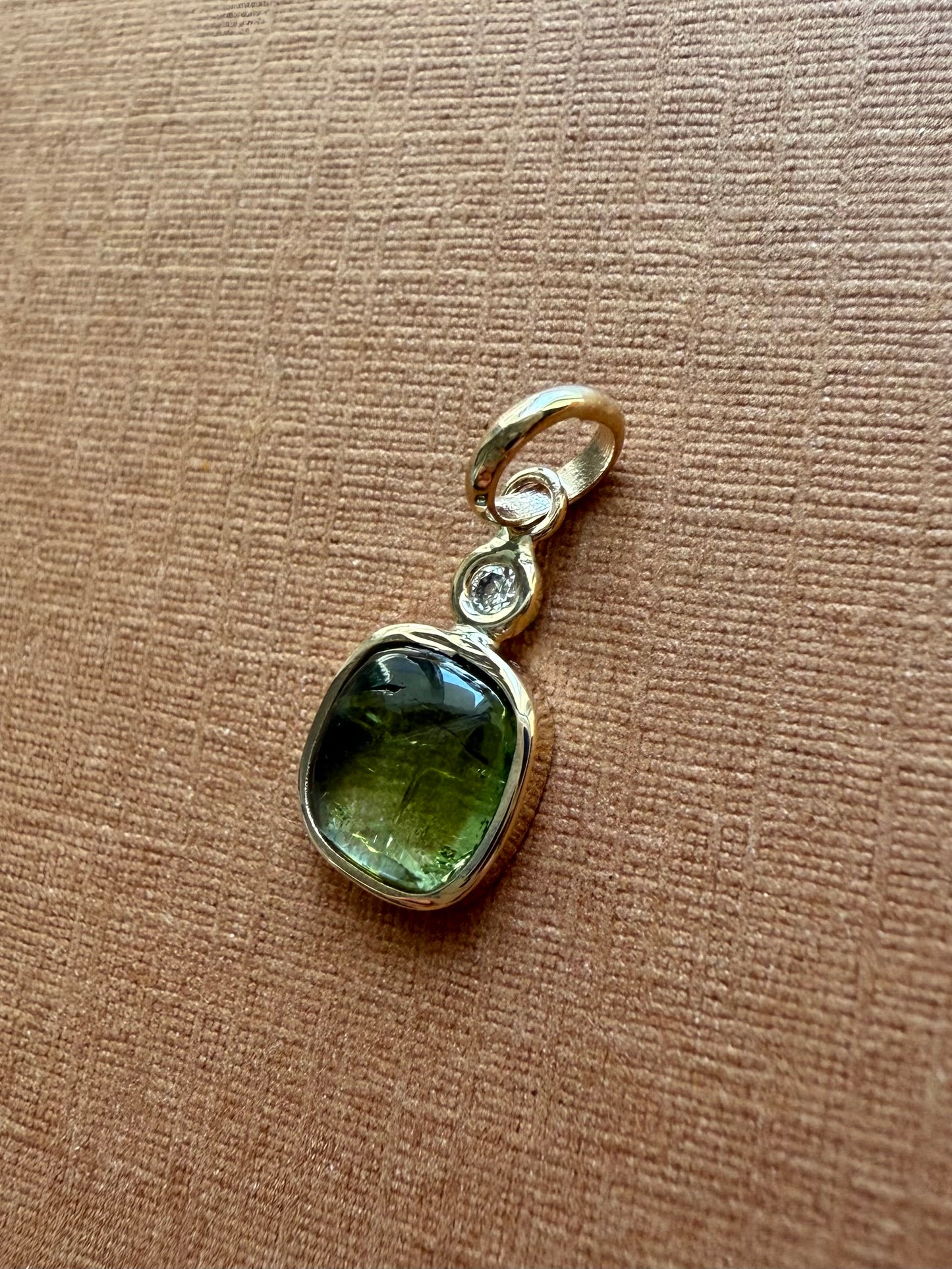 14k Solid Yellow Gold, Natural White Diamond, Natural Dark Green Tourmaline Tiny Pendant