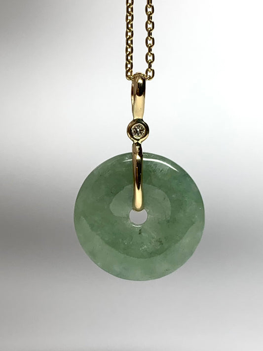 14k Solid Yellow Gold, Pale Green Jade “Donut”, White Diamond Pendant, Small Size