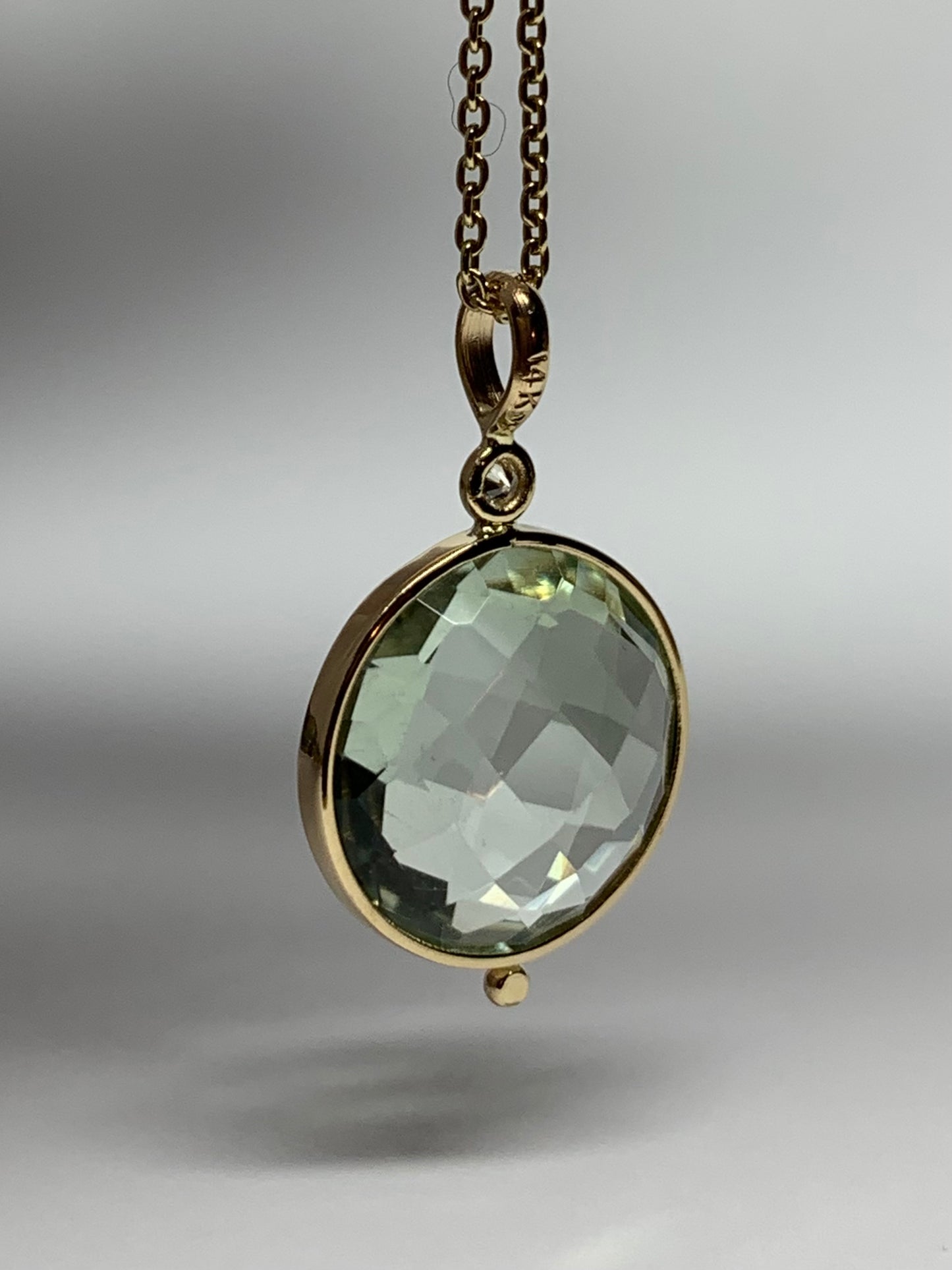 14K Solid Yellow Gold, Diamond, Round Green Amethyst Drop Pendant