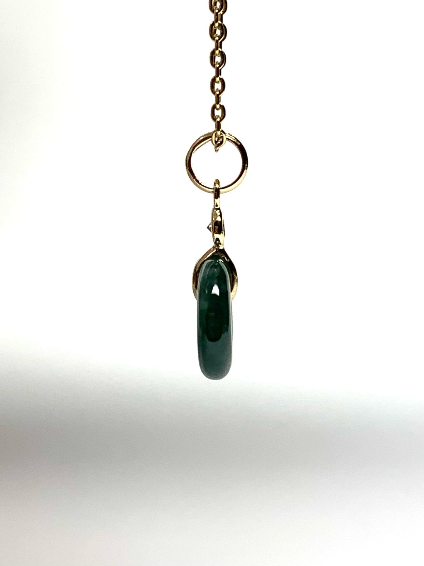 14k Solid Yellow Gold, White Diamond, Pale Green Jade “Donut” Pendant, Tiny Size