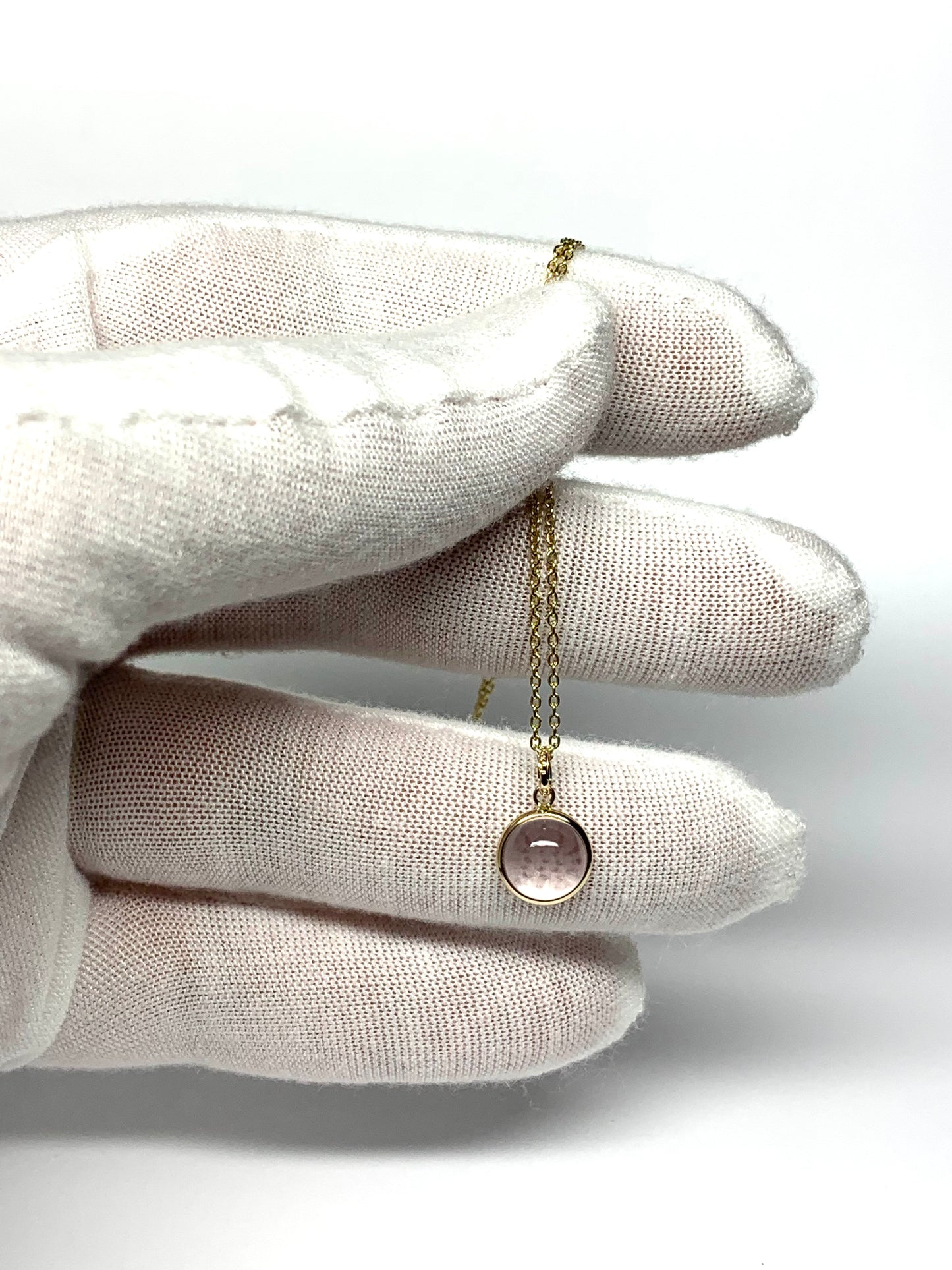 14k Solid Yellow Gold, Pink Quartz Round Cabochon Mini Pendant