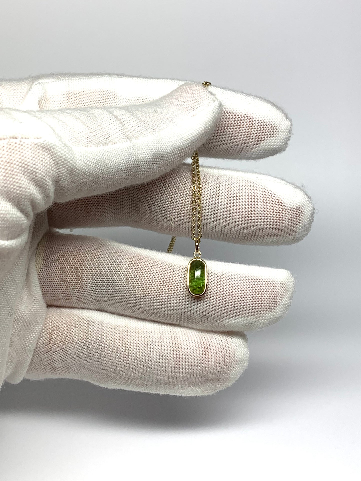 14k Solid Yellow Gold, Natural Green Tourmaline Cabochon Tiny Pendant