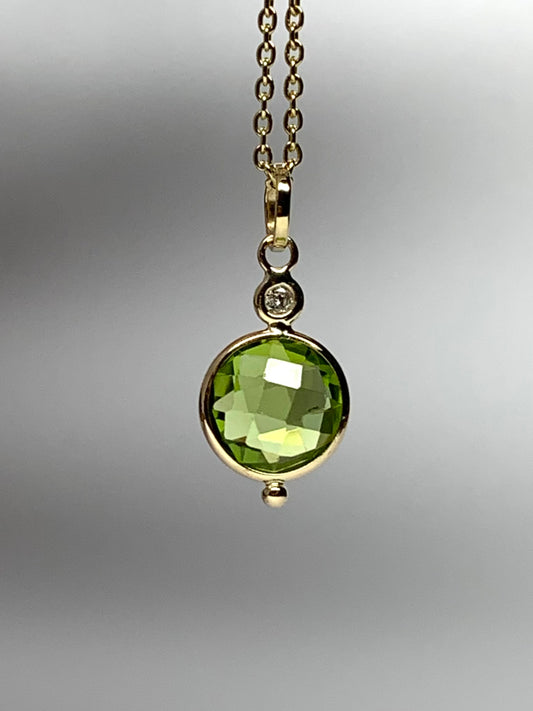 14k Solid Yellow Gold, Diamond, Green Peridot Mini Pendant