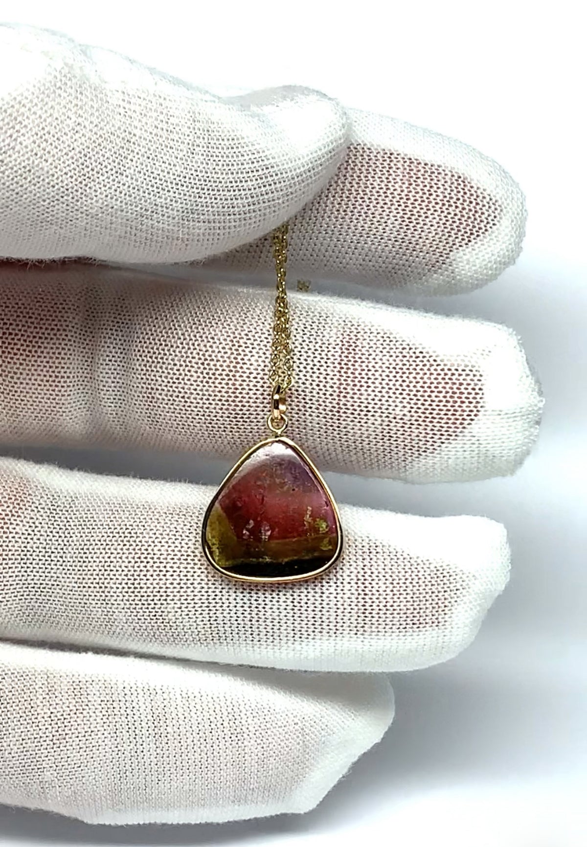 14k Solid Yellow Gold, Natural Pink Green Tourmaline Pendant