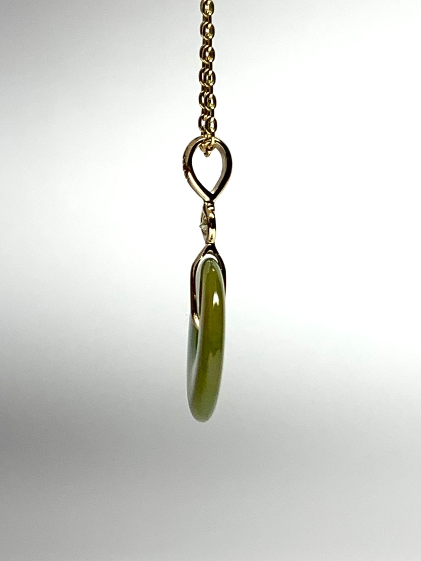 14k Solid Yellow Gold, White Diamond, Green Jade “Donut” Pendant, Small Size