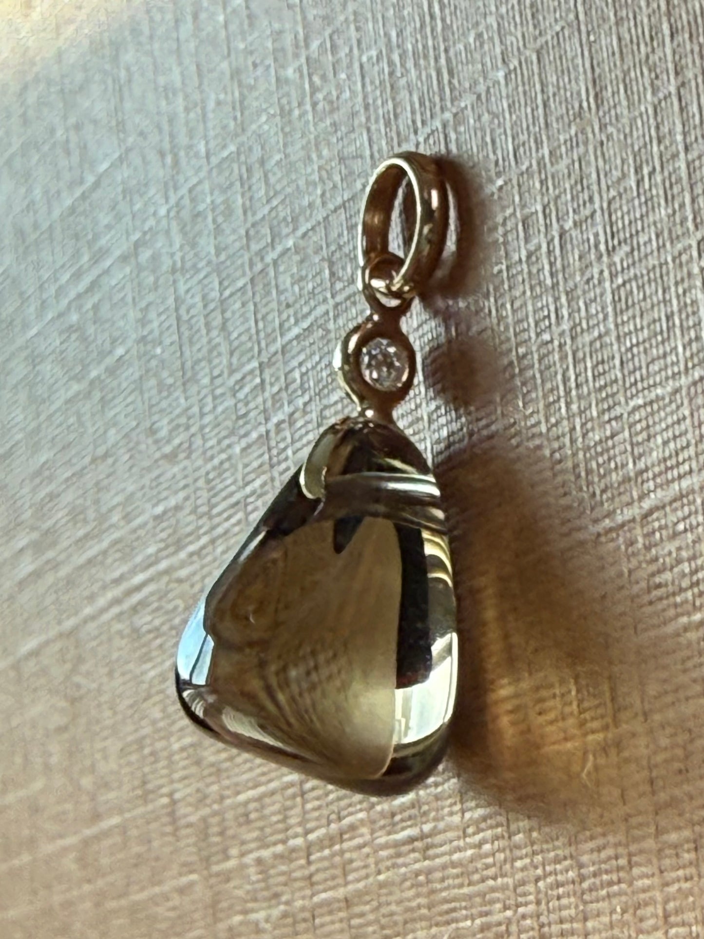 14k Solid Yellow Gold, Diamond, Dark Lemon Quartz Tumbled Nugget Bead Pendant, Mini Size