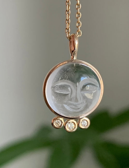14k Solid Yellow Gold, Clear Quartz, White Diamonds “Moon and Stars” Pendant, Carved Face, Small Size