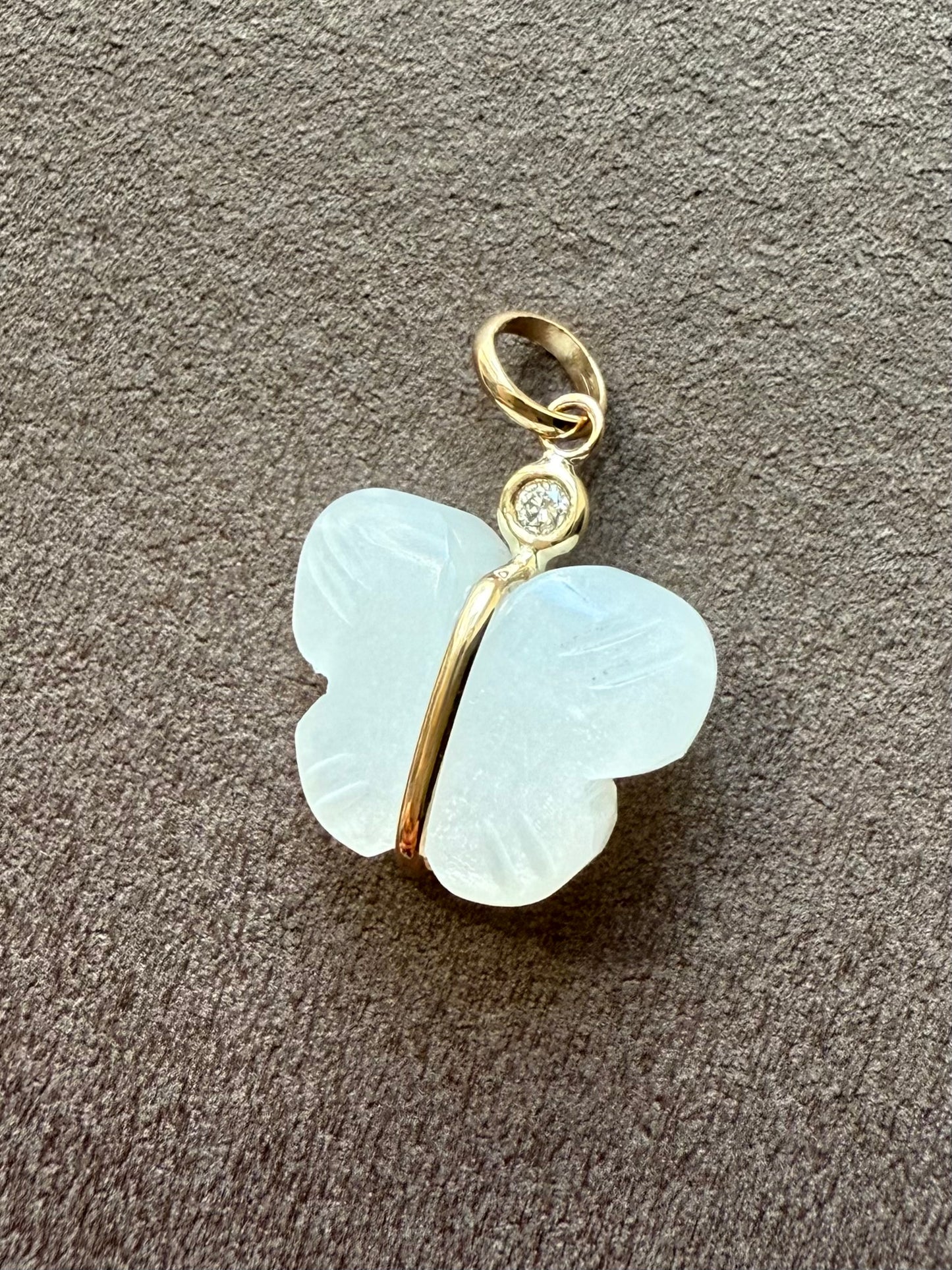 14k Solid Yellow Gold, Diamond, White Moonstone “Butterfly” Mini Pendant, Hand Carved