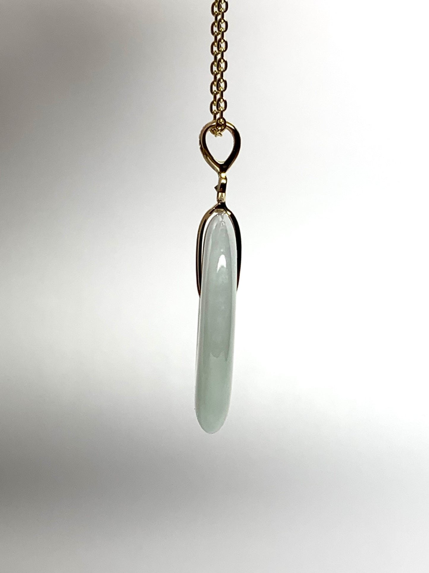 14k Solid Yellow Gold, Very Pale Green Jade “Donut”, White Diamond Pendant