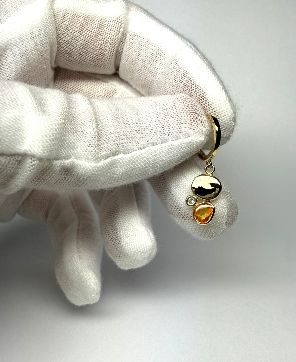14k Solid Yellow Gold, Diamonds, Orange Sapphires Hoop Earrings