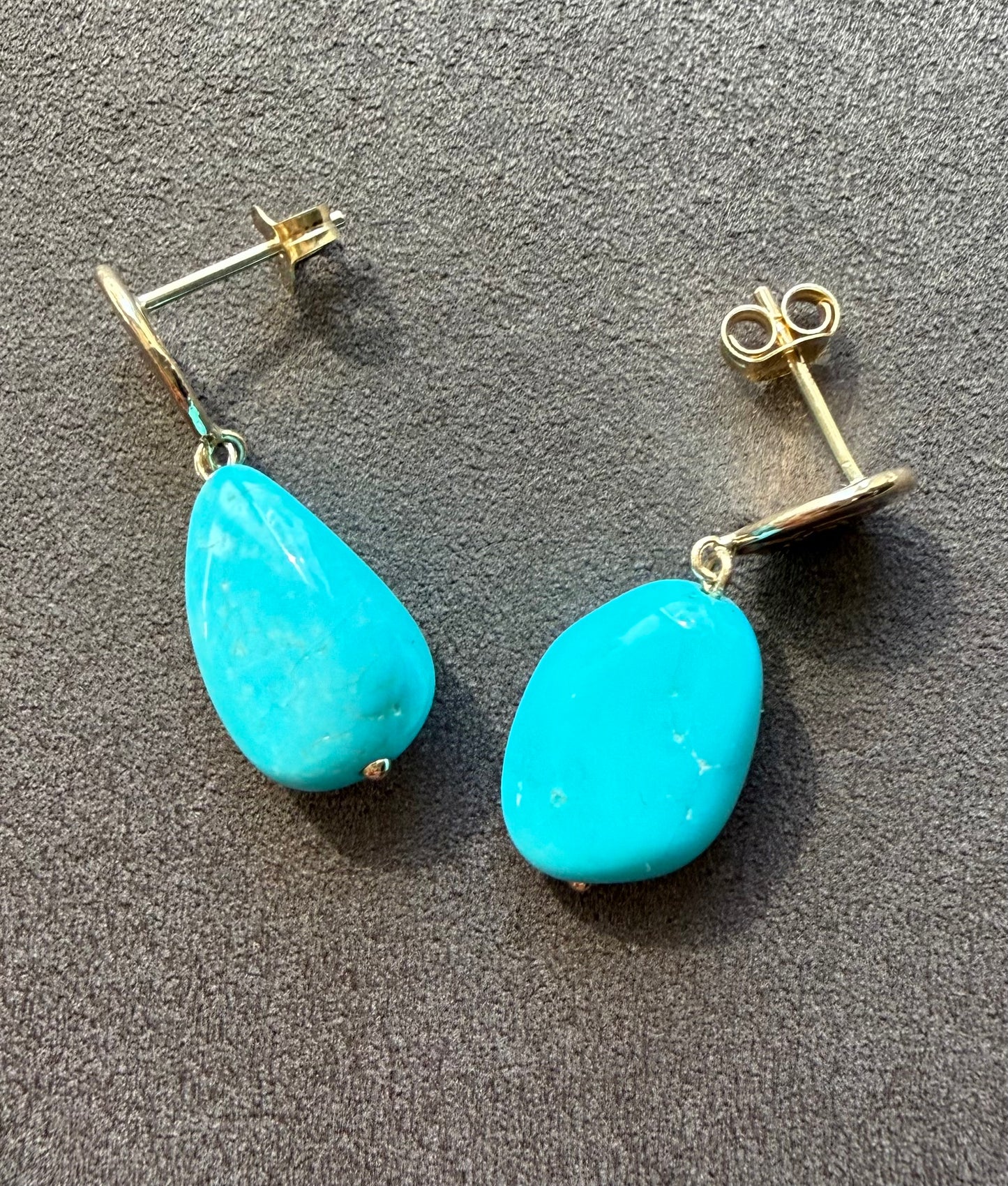 14k Solid Yellow Gold Nuggets, Natural Sleeping Beauty Turquoise Drop Earrings