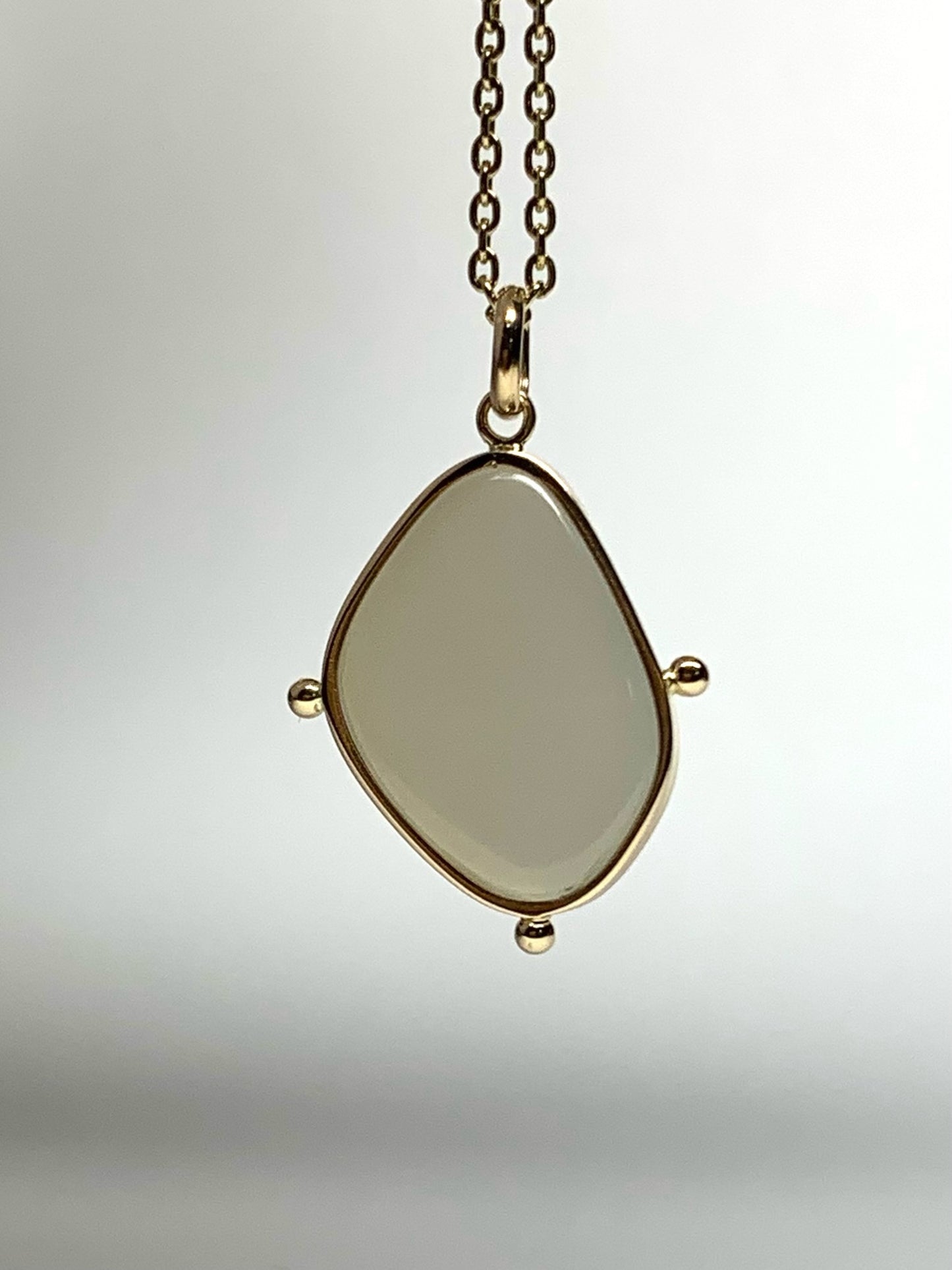 14k Solid Yellow Gold, White Moonstone Flat Cabochon Pendant, With Golden Dots