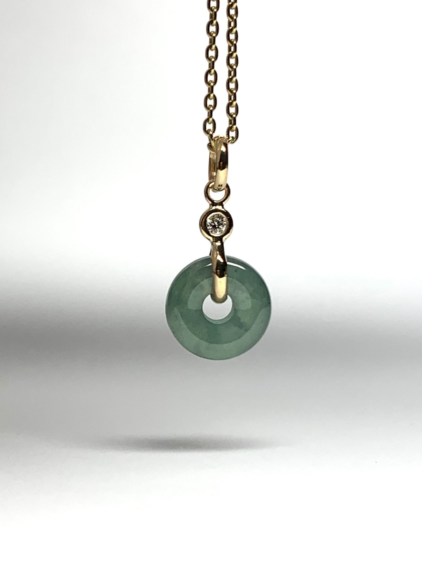 14k Solid Yellow Gold, White Diamond, Pale Green Jade “Donut” Pendant, Tiny Size