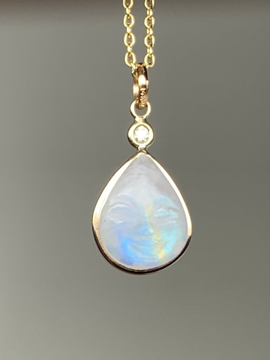 14k Solid Yellow Gold, White Diamond, Rainbow Moonstone “Rainbow Moon” Pendant, Mini Size