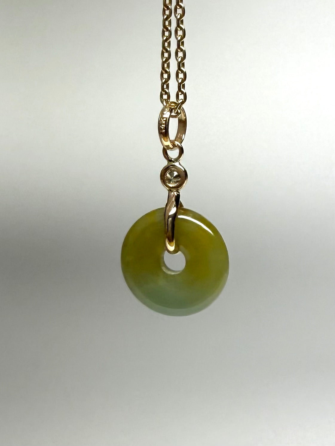 14k Solid Yellow Gold, White Diamond, Pale Green Jade “Donut” Pendant, Tiny Size