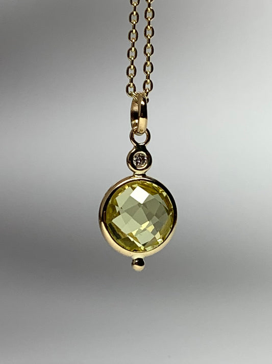 14K Solid Yellow Gold, Diamond, Lemon Quartz Mini Pendant