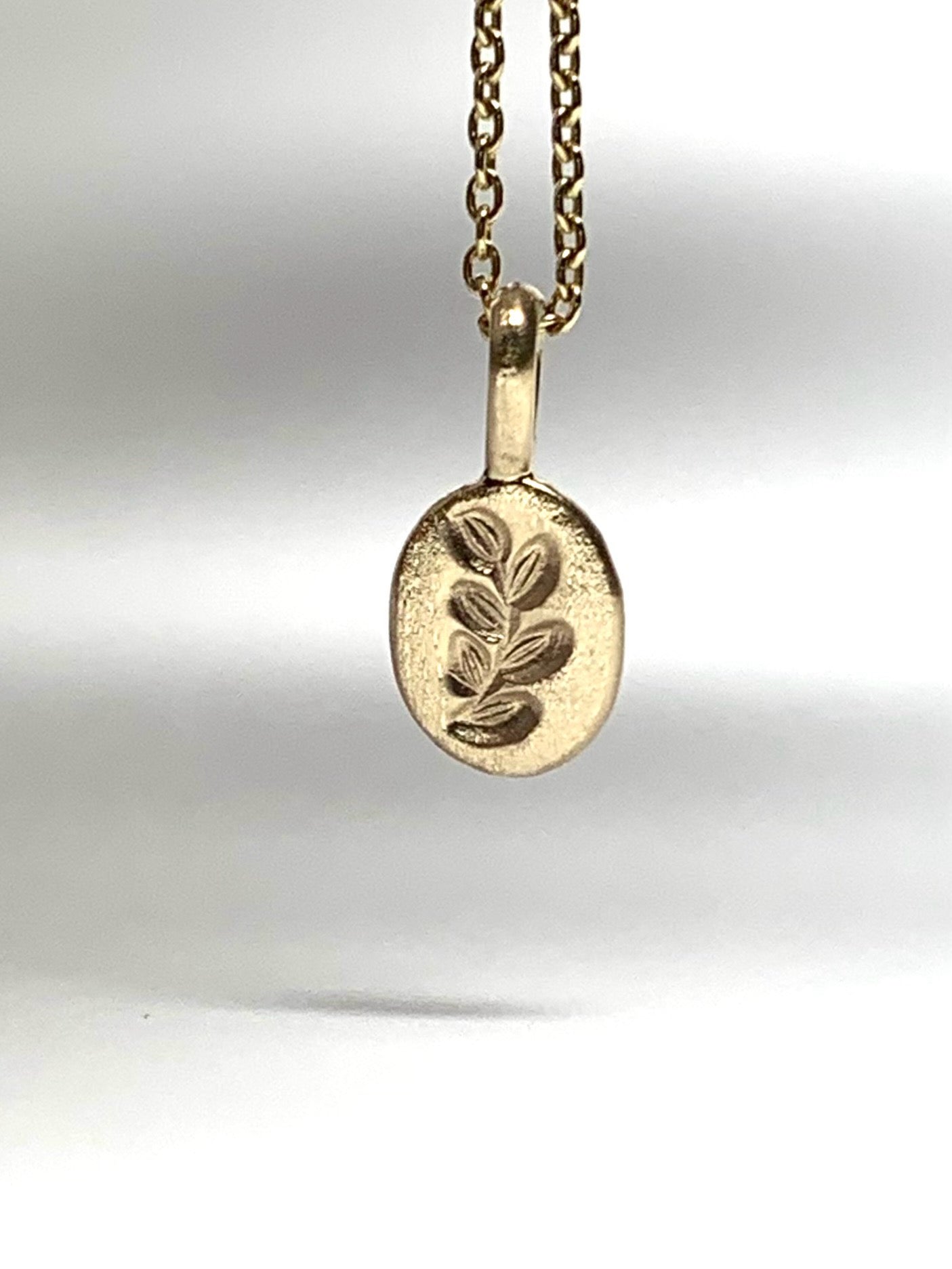 14k Solid Yellow Gold Nugget “Olive Branch”, Mini Pendant, Tiny Charm, Brushed Satin Finish