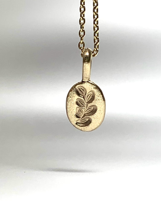 14k Solid Yellow Gold Nugget “Olive Branch”, Mini Pendant, Tiny Charm, Brushed Satin Finish