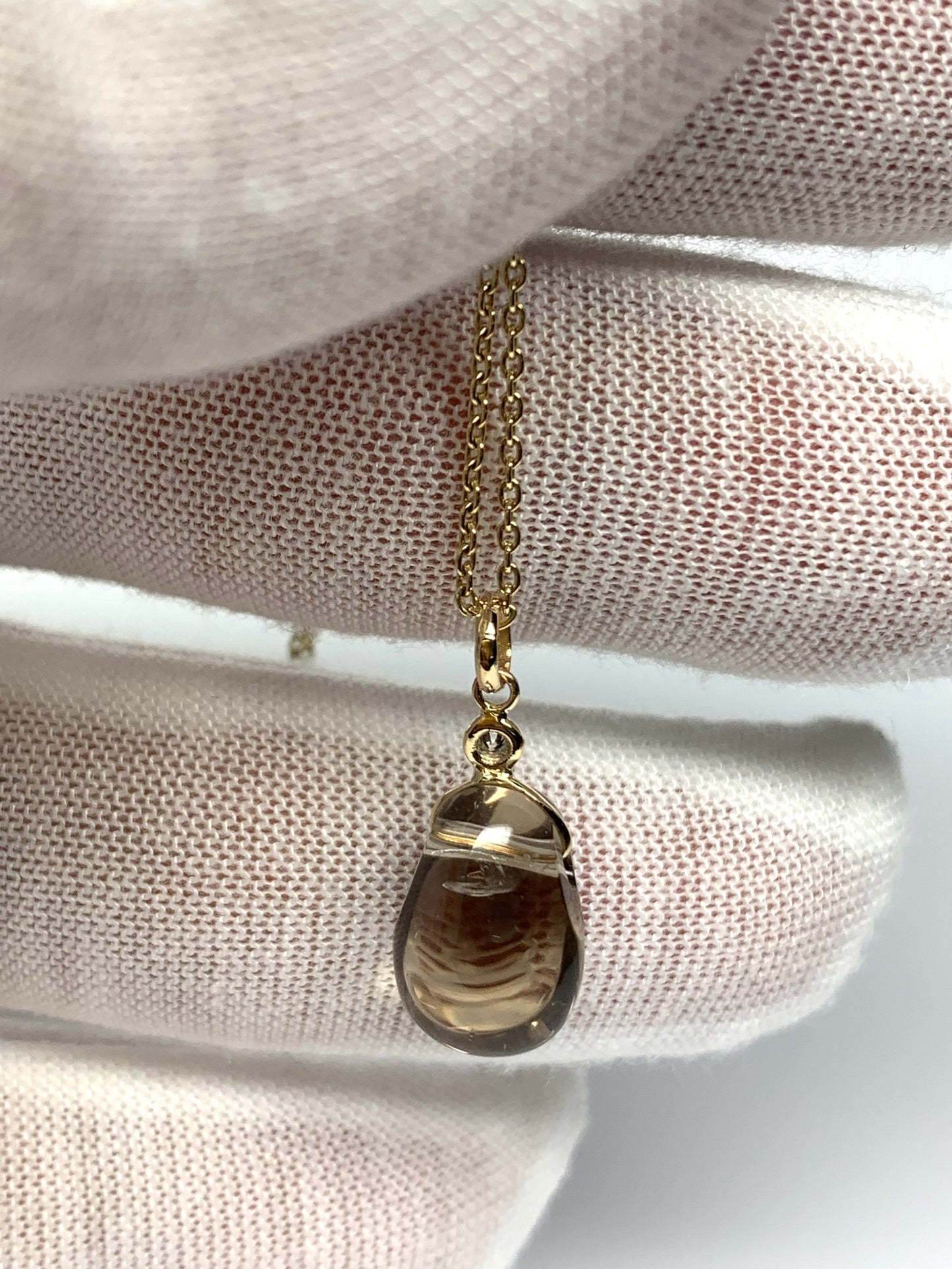 14k Solid Yellow Gold, Diamond, Smoky Quartz Tumbled Nugget Bead Pendant, Mini Size