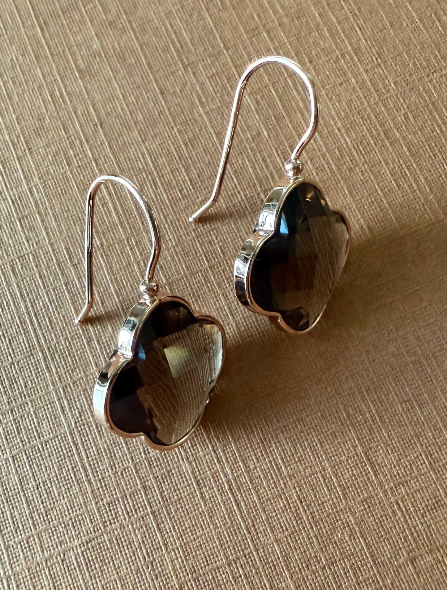 14k Solid Rose Gold Smoky Quartz “Clover” Earrings, Checkerboard Cut, Fish Hook Ear Wires