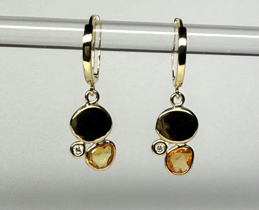 14k Solid Yellow Gold, Diamonds, Orange Sapphires Hoop Earrings