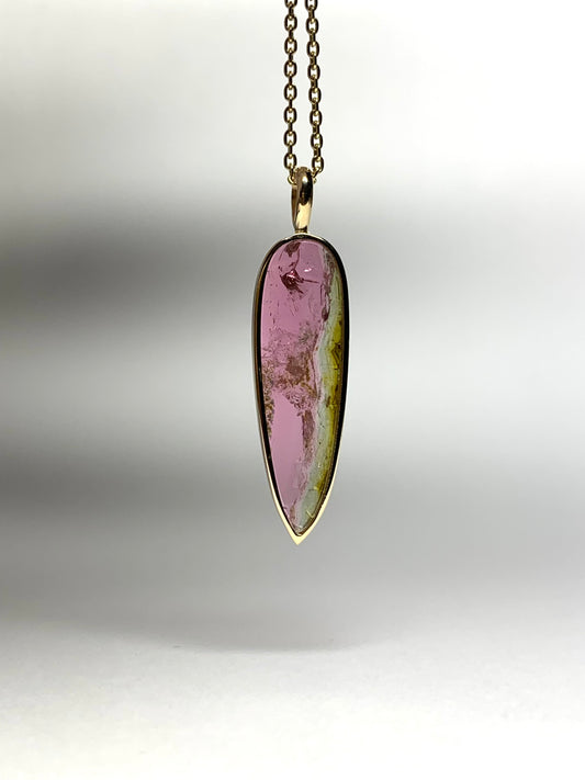 14k Solid Yellow Gold, Natural Bicolor Green Pink Tourmaline “Arrowhead” Pendant