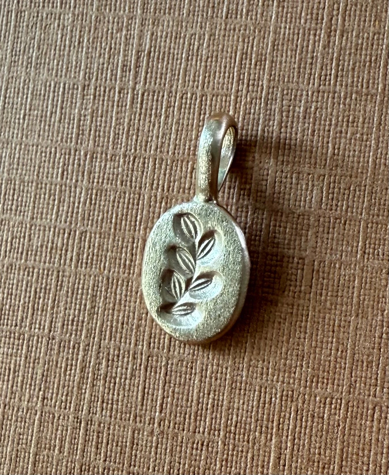 14k Solid Yellow Gold Nugget “Olive Branch”, Mini Pendant, Tiny Charm, Brushed Satin Finish