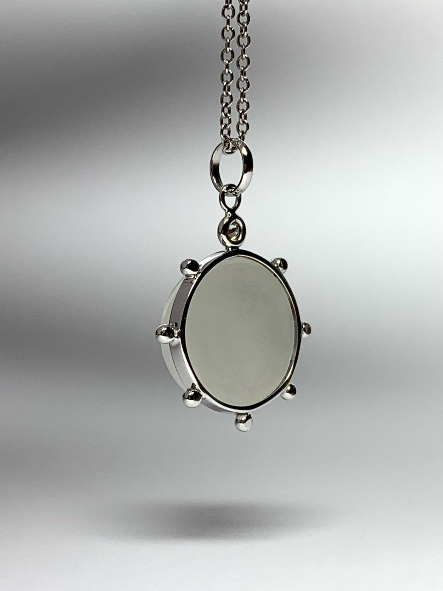 14k Solid White Gold, White Moonstone, Diamond “Sun” Pendant, Small Size