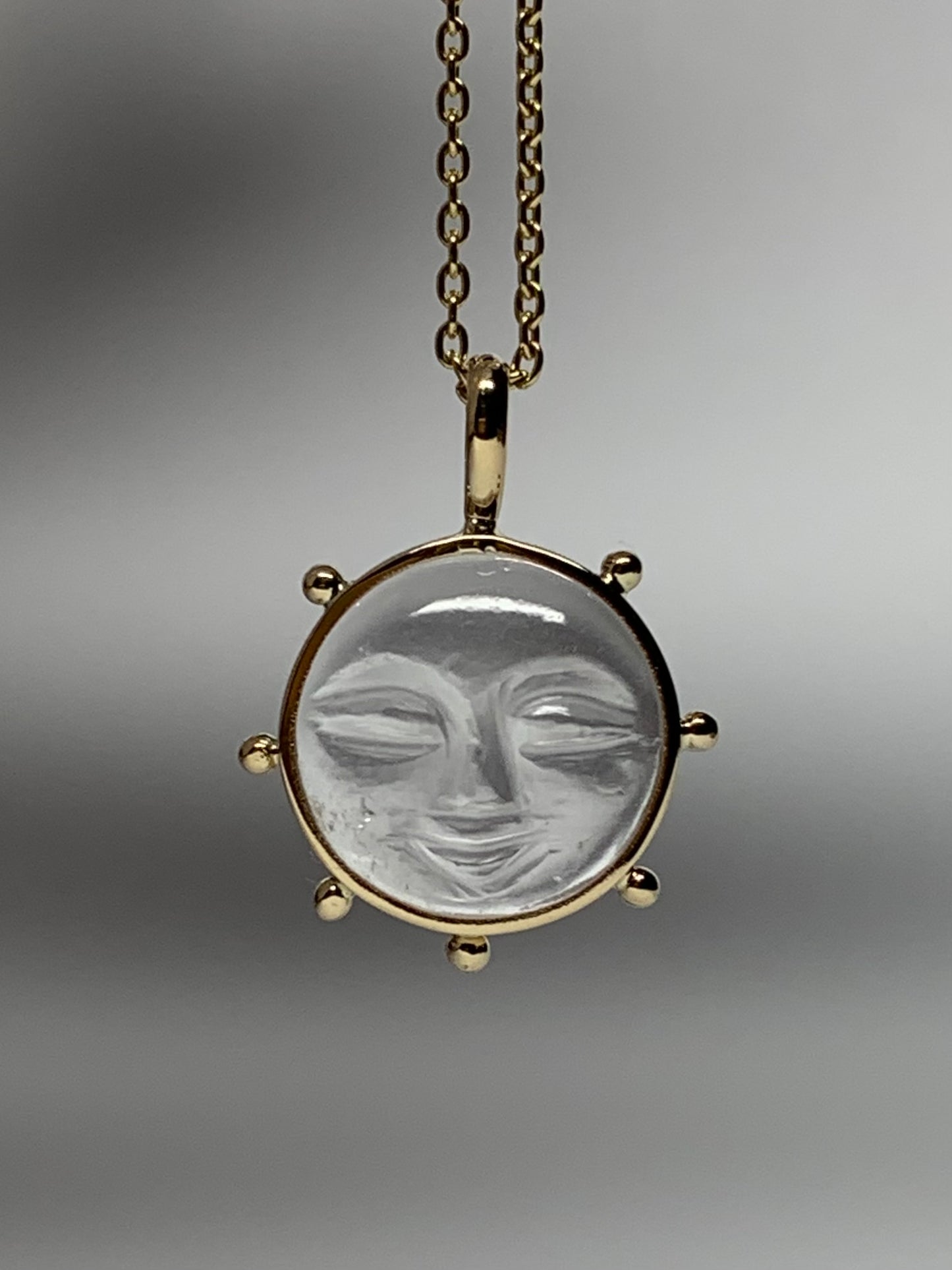 14K Solid Yellow Gold, Natural Clear Quartz “Sun” Pendant, Small Size