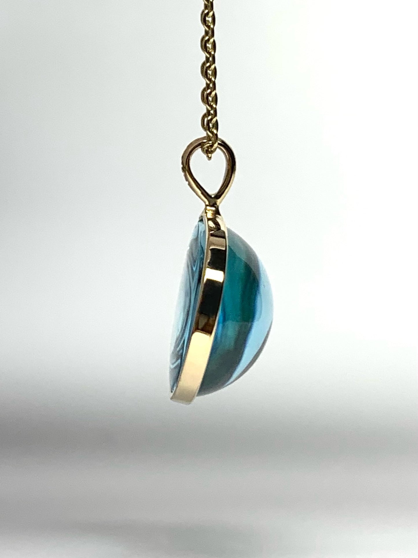 14k Solid Yellow Gold, Blue Topaz Oval Cabochon Pendant, Small Size