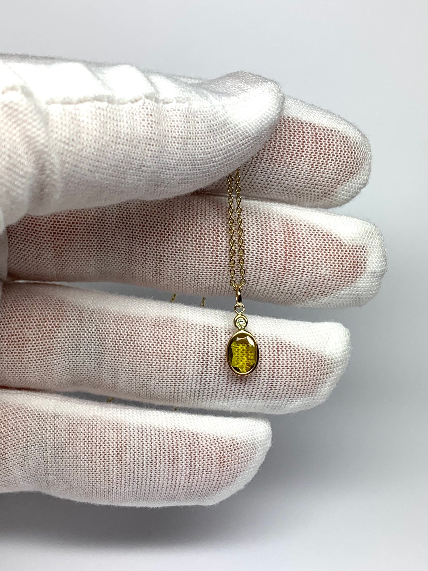14k Solid Yellow Gold, Natural White Diamond, Natural Olive Green Tourmaline Tiny Pendant