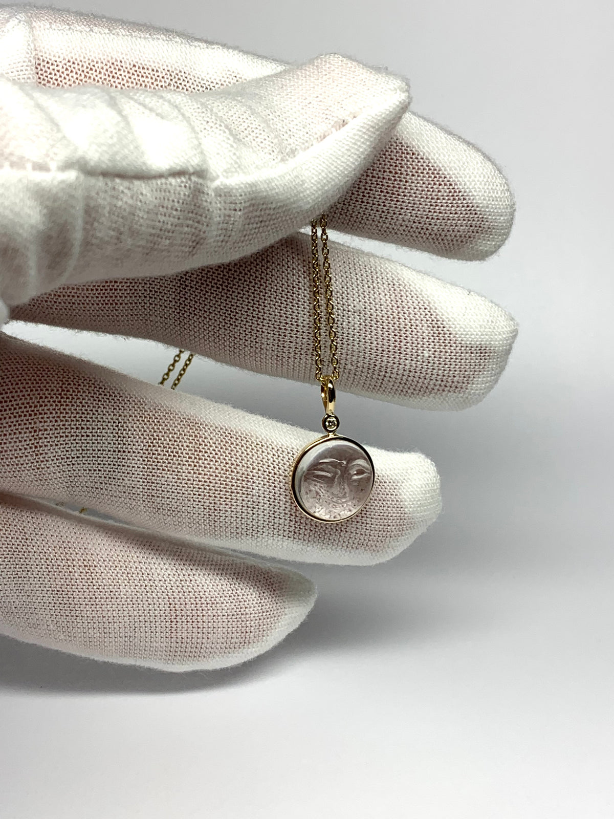 14k Solid Yellow Gold, Clear Quartz, White Diamond “Moon and Star” Pendant, Carved Face, Small Size