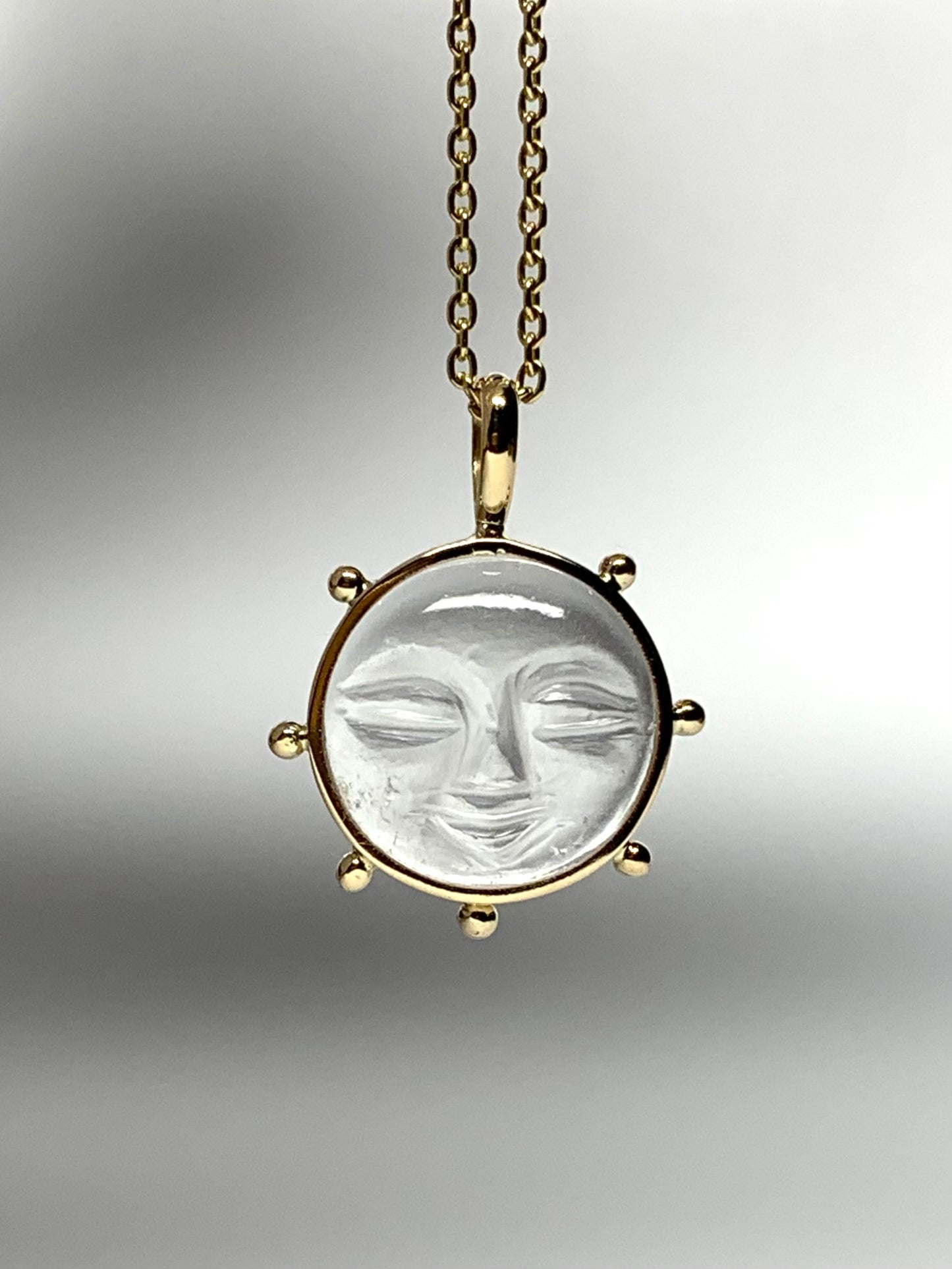 14K Solid Yellow Gold, Natural Clear Quartz “Sun” Pendant, Small Size