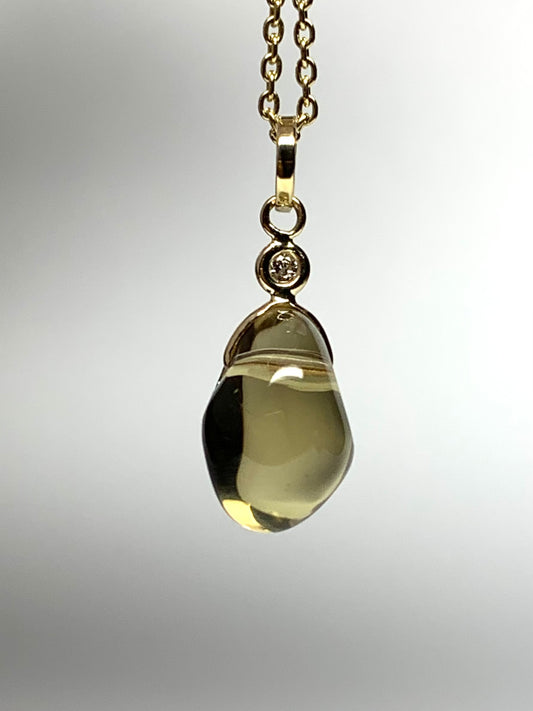 14k Solid Yellow Gold, Diamond, Lemon Quartz Tumbled Nugget Bead Pendant, Mini Size