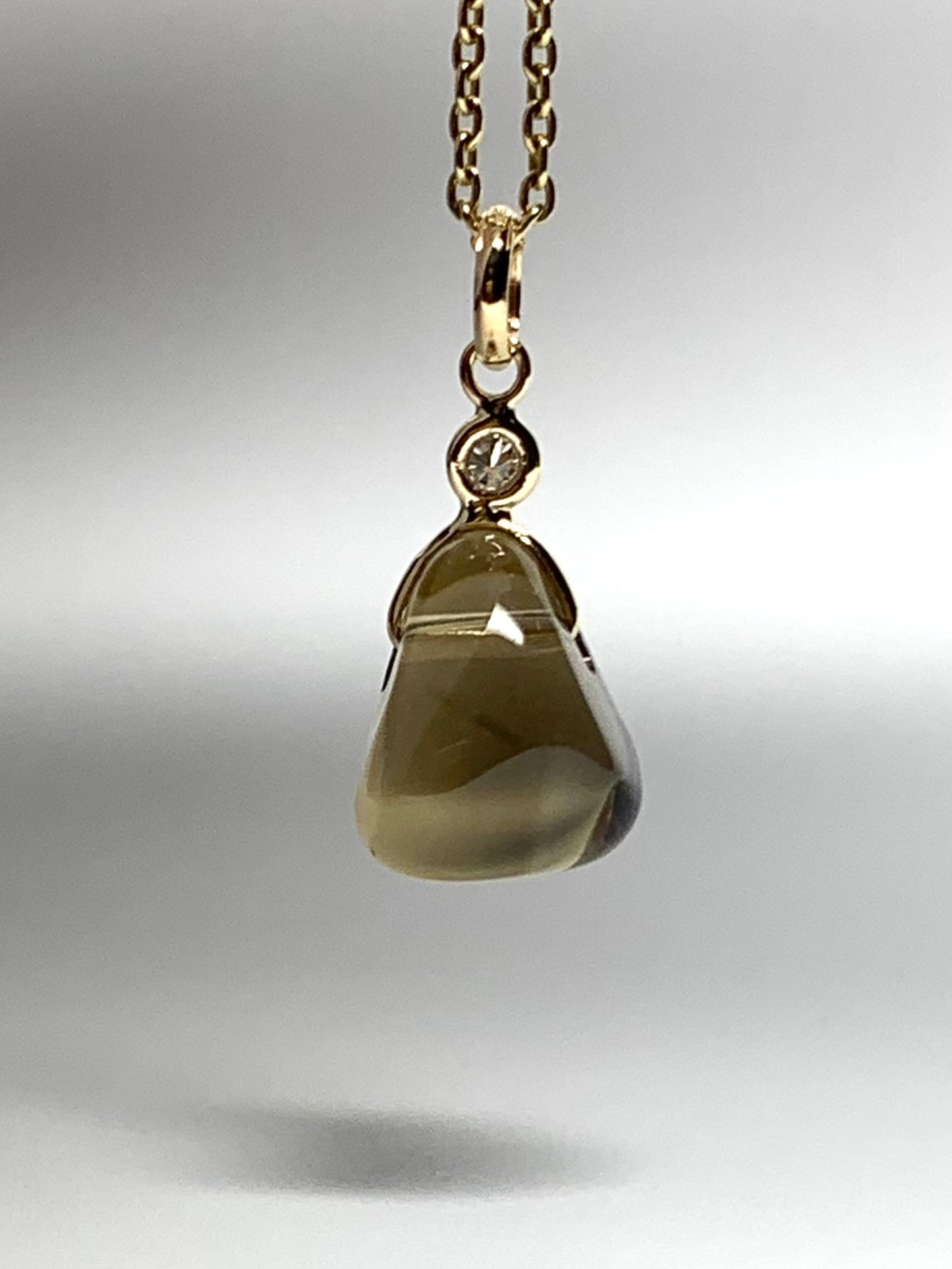 14k Solid Yellow Gold, Diamond, Lemon Quartz Tumbled Nugget Bead Pendant, Mini Size