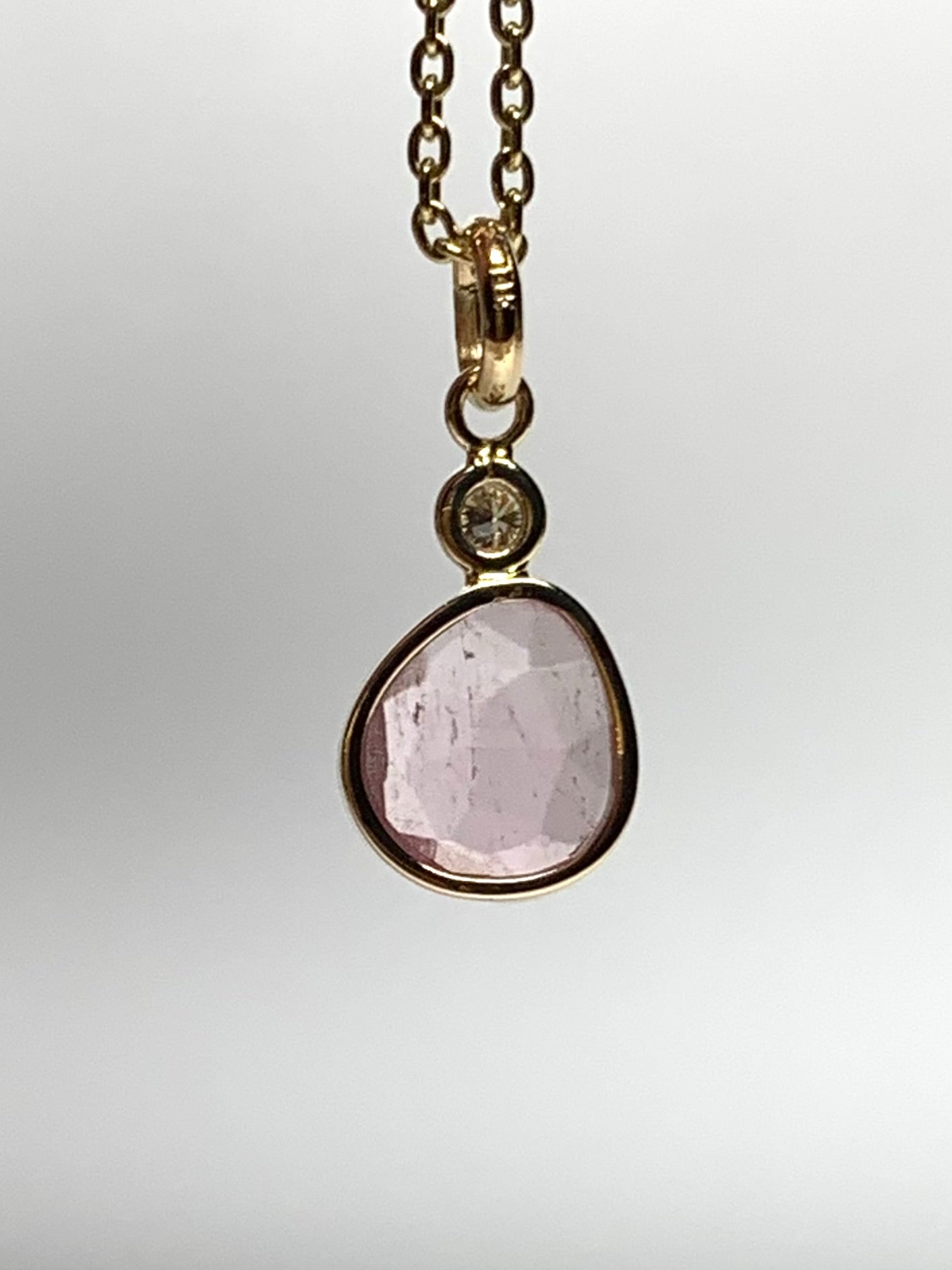14k Solid Yellow Gold, Natural White Diamond, Natural Pink Tourmaline Tiny Pendant