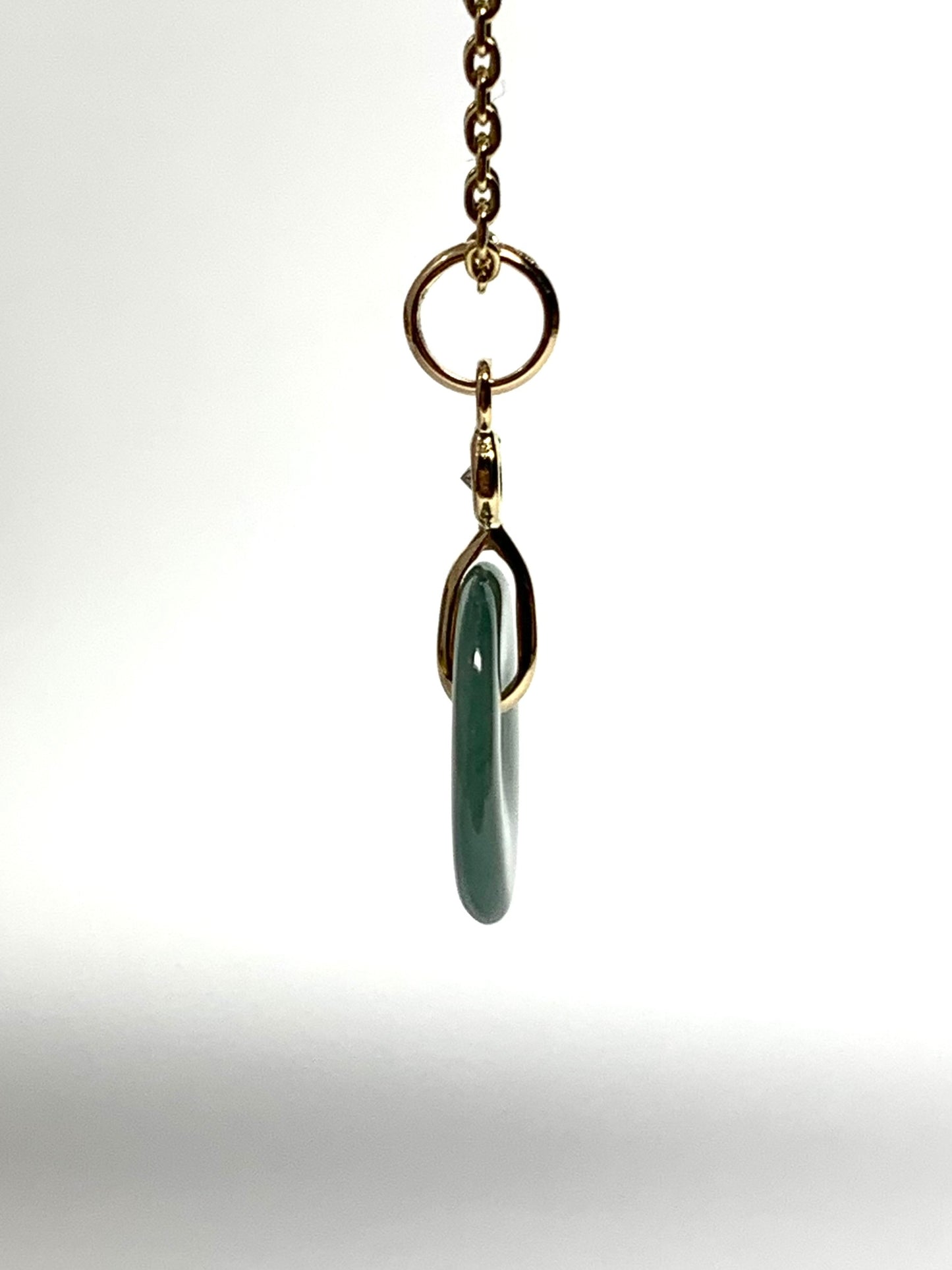 14k Solid Yellow Gold, White Diamond, Pale Green Jade “Donut” Pendant, Tiny Size